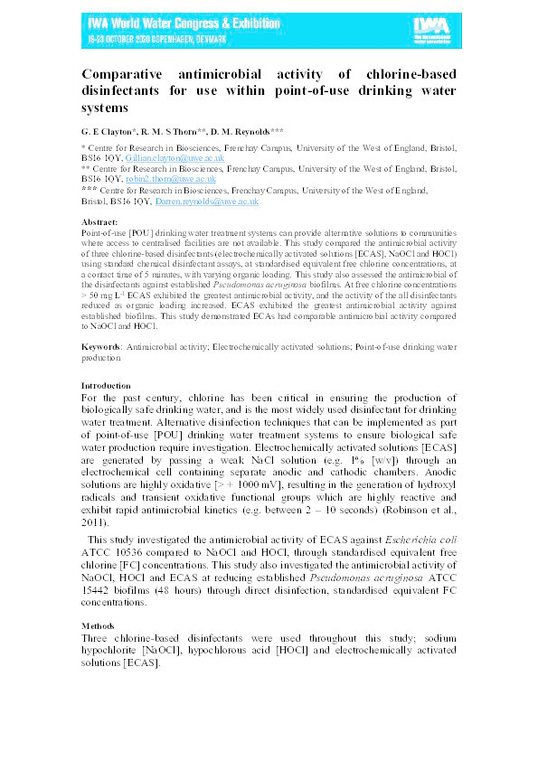 Comparative antimicrobial activity of chlorine-based disinfectants for use within point-of-use drinking water systems Thumbnail