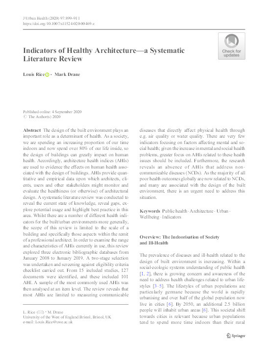 Indicators of healthy architecture: A systematic literature review Thumbnail