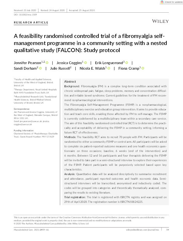 A feasibility randomised controlled trial of a fibromyalgia self-management programme in a community setting with a nested qualitative study (FALCON): Study protocol Thumbnail