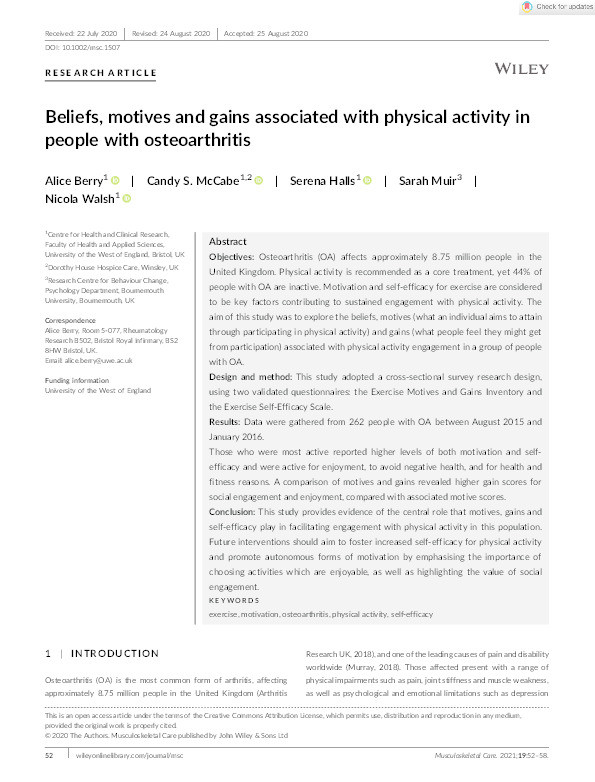 Beliefs, motives and gains associated with physical activity in people with osteoarthritis Thumbnail