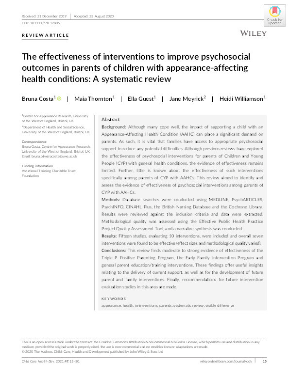 The effectiveness of interventions to improve psychosocial outcomes in parents of children with appearance-affecting health conditions: A systematic review Thumbnail