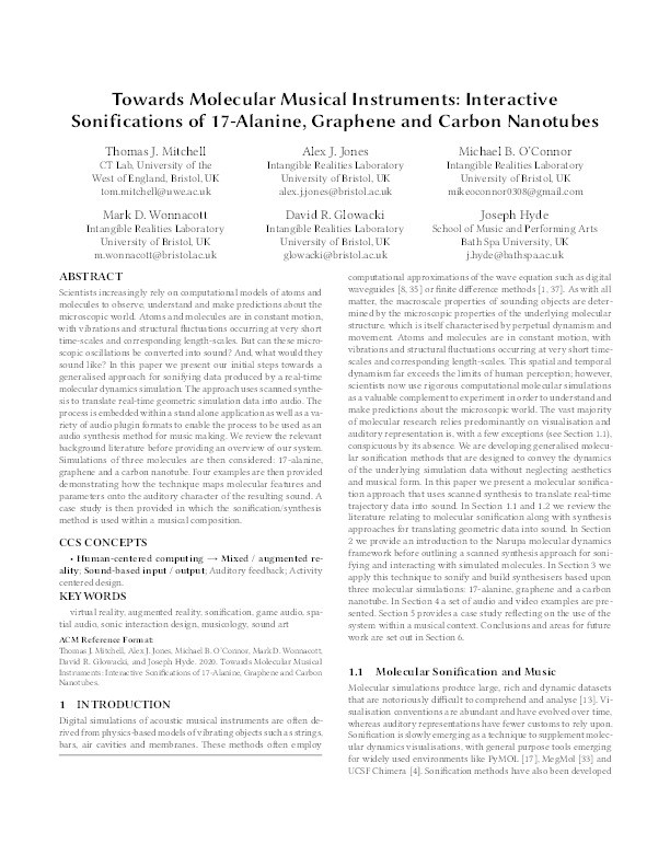 Towards molecular musical instruments: Interactive sonifications of 17-alanine, graphene and carbon nanotubes Thumbnail
