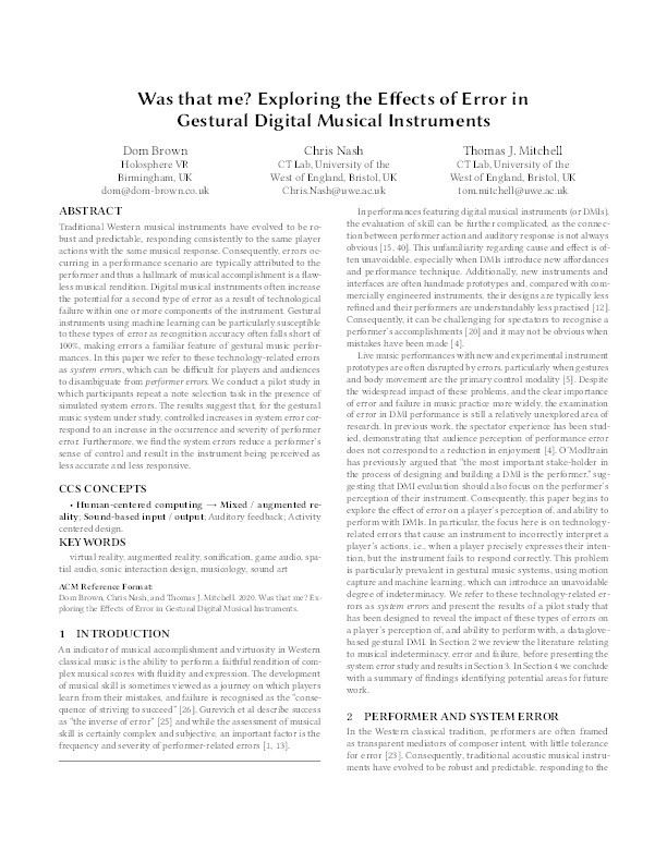 Was that me?: Exploring the effects of error in gestural digital musical instruments Thumbnail