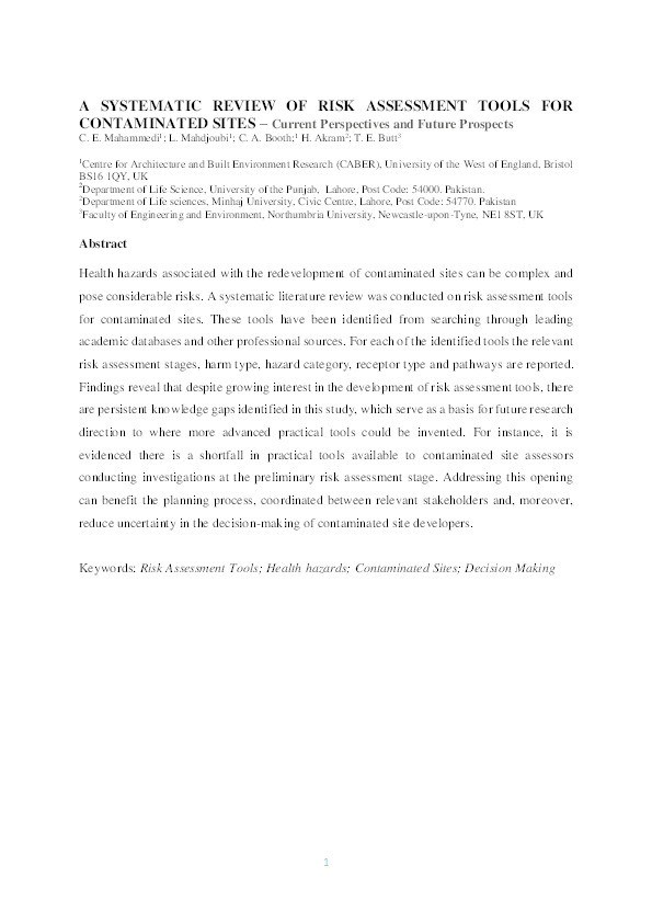 A systematic review of risk assessment tools for contaminated sites – Current perspectives and future prospects Thumbnail