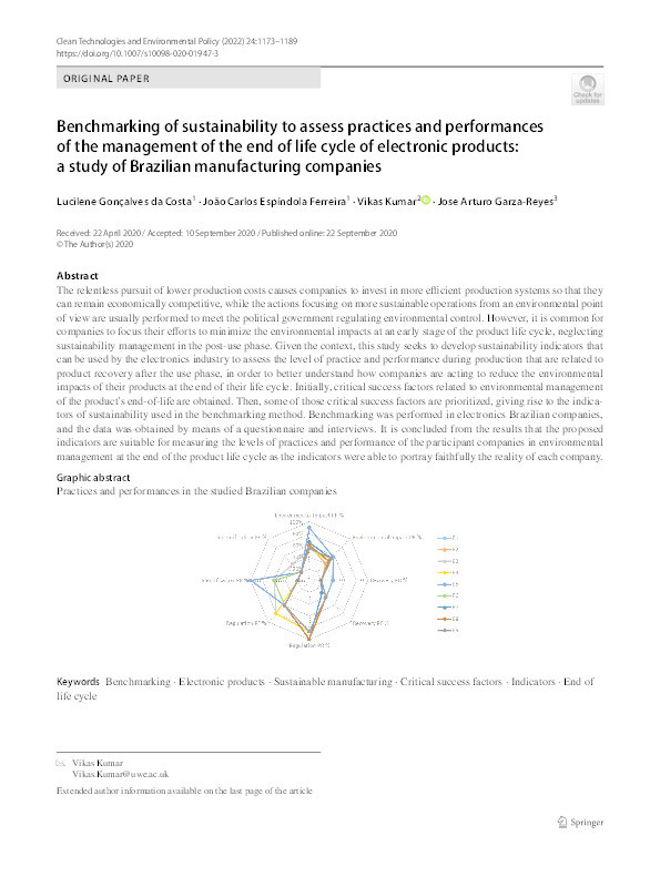 Benchmarking of sustainability to assess practices and performances of the management of the end of life cycle of electronic products: A study of Brazilian manufacturing companies Thumbnail