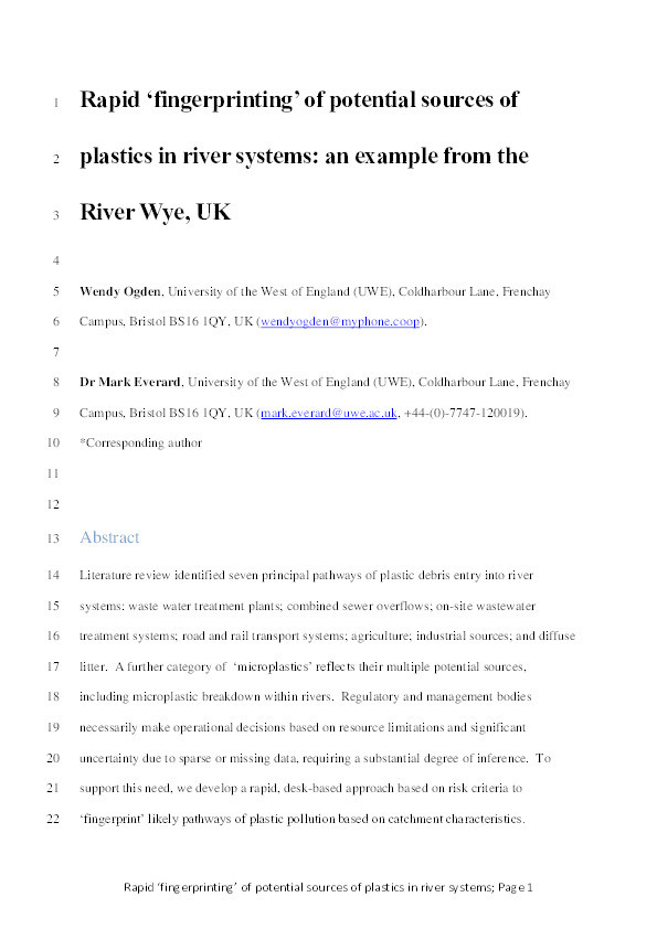 Rapid ‘fingerprinting’ of potential sources of plastics in river systems: An example from the River Wye, UK Thumbnail