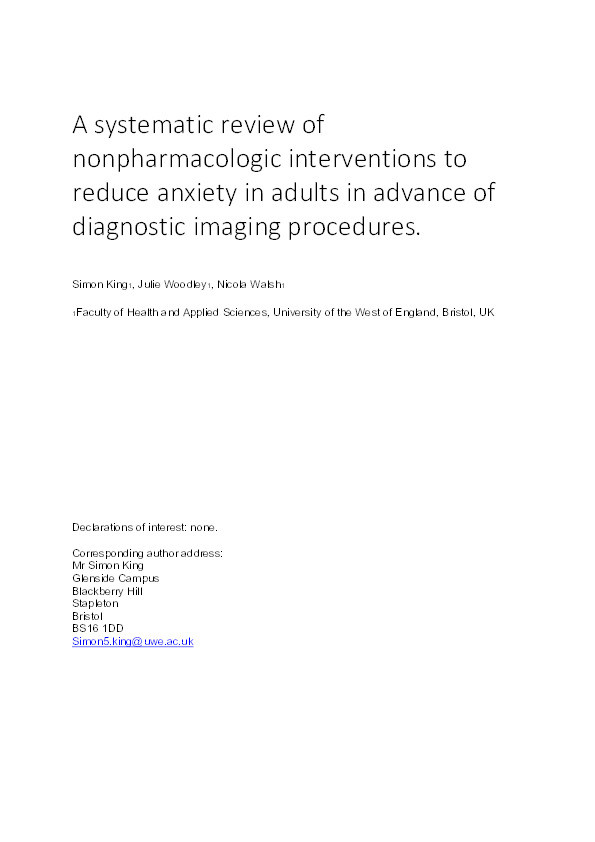 A systematic review of non-pharmacologic interventions to reduce anxiety in adults in advance of diagnostic imaging procedures Thumbnail