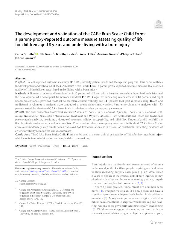 The development and validation of the CARe Burn Scale: Child Form: a parent-proxy-reported outcome measure assessing quality of life for children aged 8 years and under living with a burn injury Thumbnail