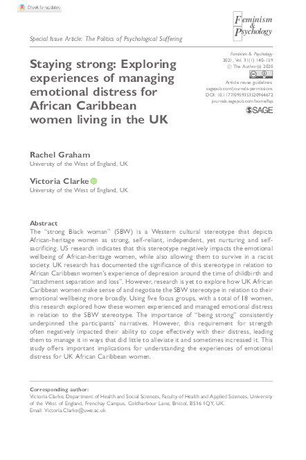 Staying strong: Exploring experiences of managing emotional distress for African Caribbean women living in the UK Thumbnail