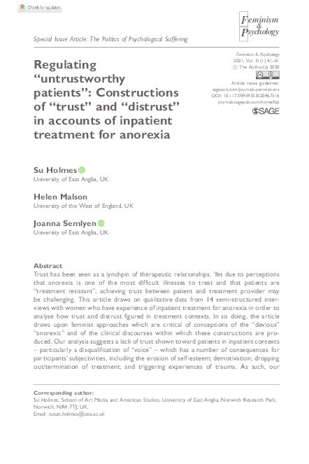 Regulating ‘untrustworthy patients’:  Constructions of ‘trust’ and ‘distrust’ in accounts of inpatient treatment for anorexia Thumbnail