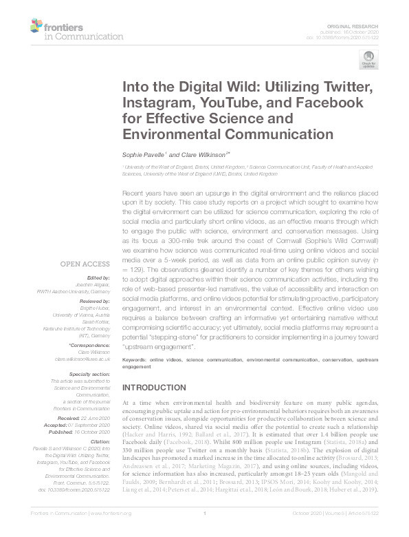 Into the digital wild: Utilizing Twitter, Instagram, YouTube, and Facebook for effective science and environmental communication Thumbnail