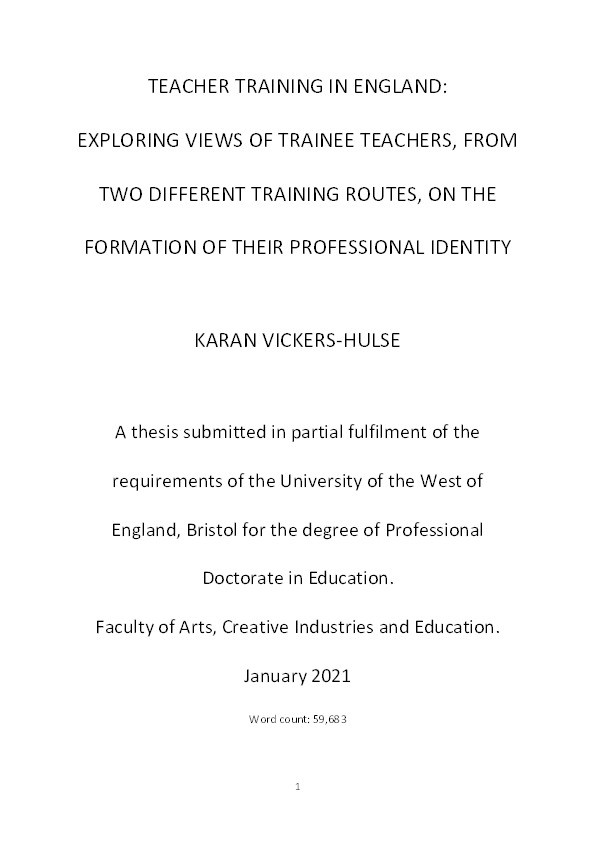 Teacher training in England: Exploring views of trainee teachers, from two different training routes, on the formation of their professional identity Thumbnail