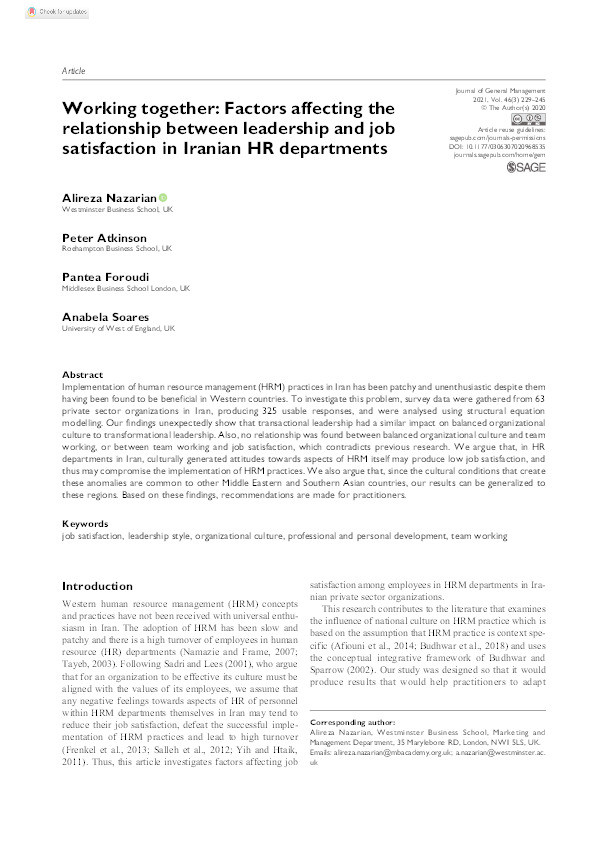 Working together: Factors affecting the relationship between leadership and job satisfaction in Iranian HR departments Thumbnail