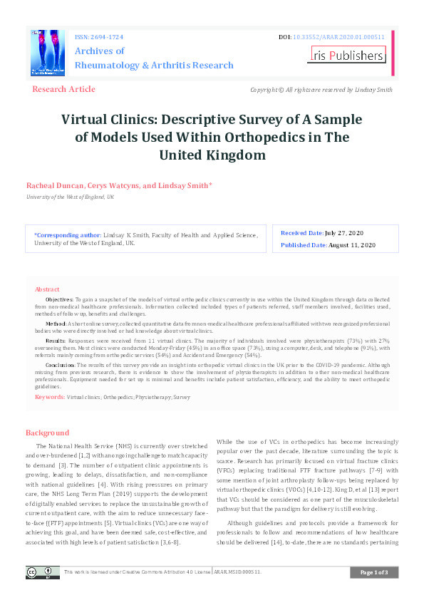 Virtual clinics: Descriptive survey of a sample of models used within orthopedics in the United Kingdom Thumbnail