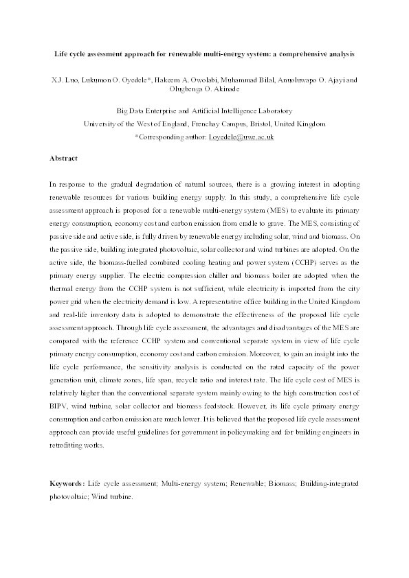 Life cycle assessment approach for renewable multi-energy system: A comprehensive analysis Thumbnail