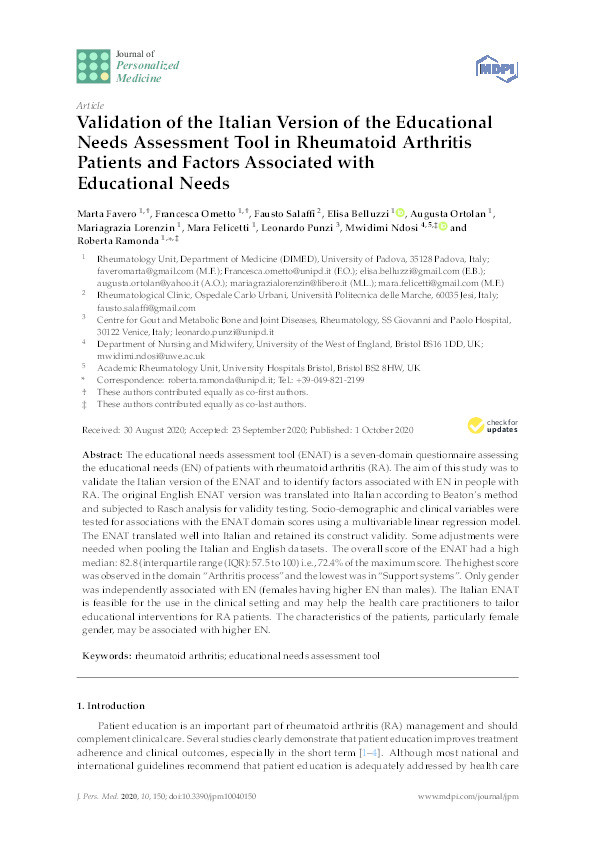 Validation of the Italian version of the educational needs assessment tool in rheumatoid arthritis patients and factors associated with educational needs Thumbnail