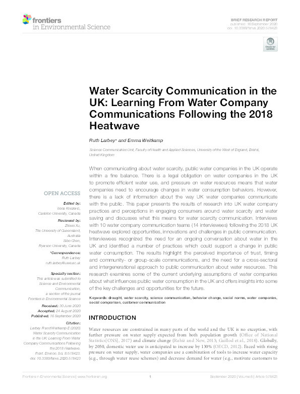 Water scarcity communication in the UK: Learning from water company communications following the 2018 heatwave Thumbnail