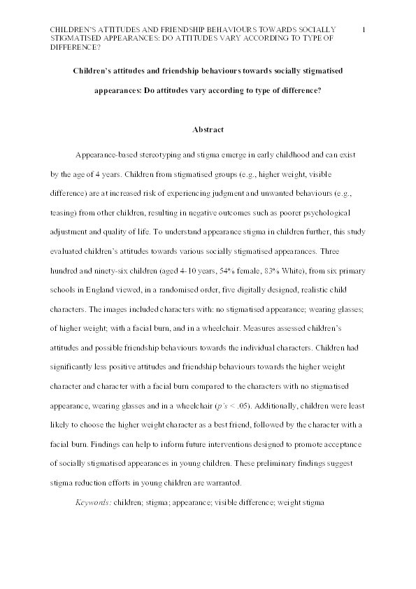 Children’s attitudes and friendship behaviours towards socially stigmatised appearances: Do attitudes vary according to type of difference? Thumbnail