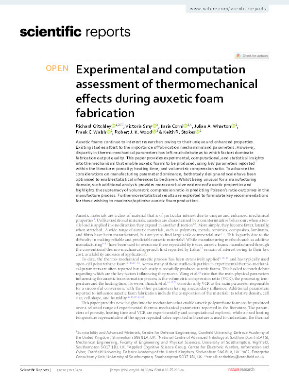 Experimental and computation assessment of thermomechanical effects during auxetic foam fabrication Thumbnail