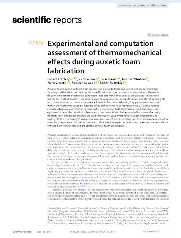 Experimental and computation assessment of thermomechanical effects during auxetic foam fabrication Thumbnail
