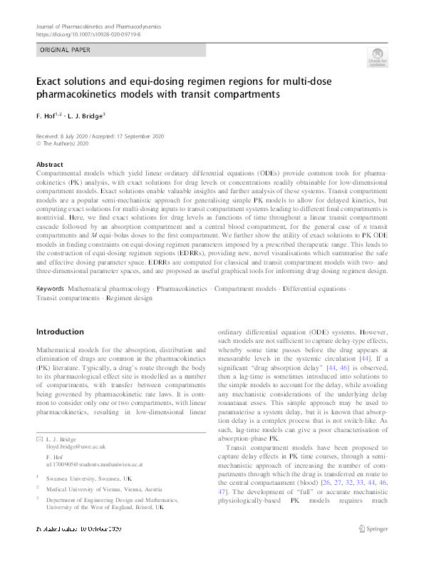 Exact solutions and equi-dosing regimen regions for multi-dose pharmacokinetics models with transit compartments Thumbnail