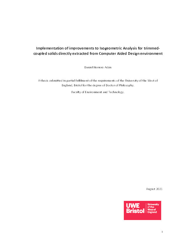 Implementation of improvements to Isogeometric Analysis for trimmed-coupled solids directly extracted from Computer Aided Design environment Thumbnail