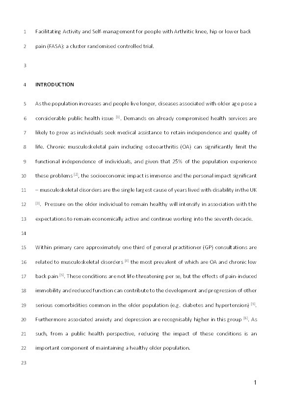 Facilitating activity and self-management for people with arthritic knee, hip or lower back pain (FASA): A cluster randomised controlled trial Thumbnail