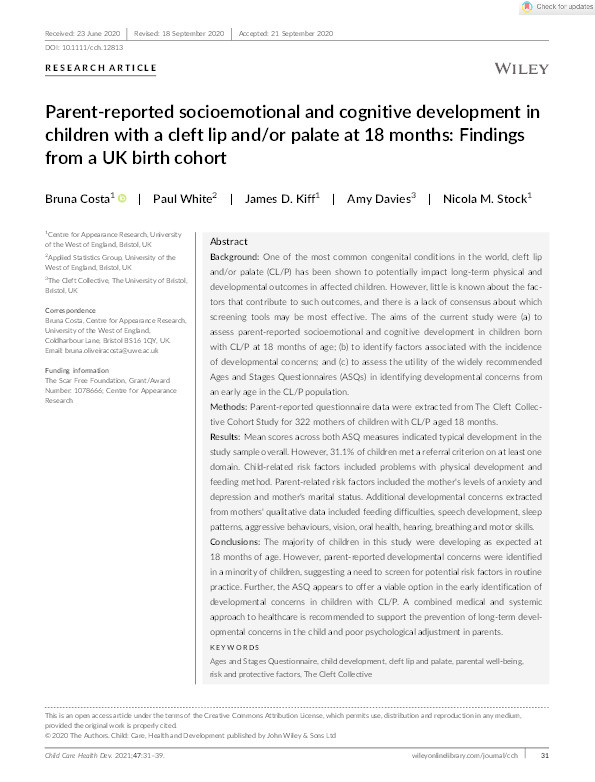 Parent-reported socioemotional and cognitive development in children with a cleft lip and/or palate at 18 months: Findings from a UK birth cohort Thumbnail