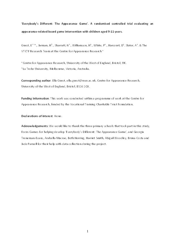 ‘Everybody’s Different: The Appearance Game’. A randomised controlled trial evaluating an appearance-related board game intervention with children aged 9-11 years Thumbnail