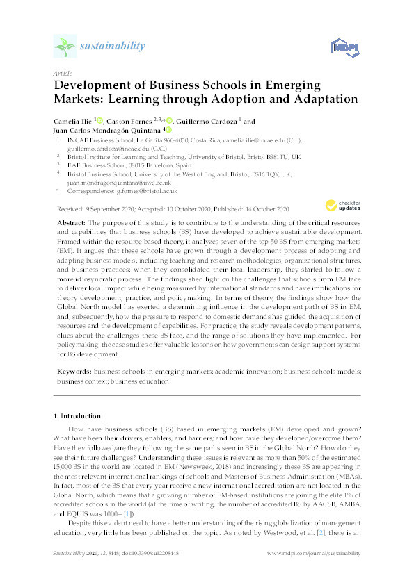 Development of business schools in emerging markets: Learning through adoption and adaptation Thumbnail