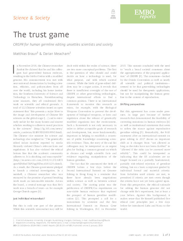 The trust game: CRISPR for human germline editing unsettles scientists and society Thumbnail