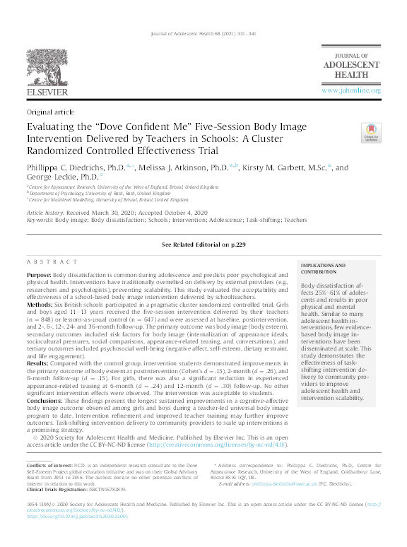 Evaluating the ‘Dove Confident Me’ 5-session body image intervention delivered by teachers in schools: A cluster randomised controlled effectiveness trial Thumbnail