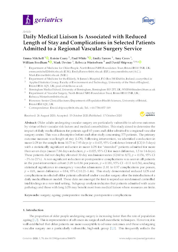 Daily medical liaison is associated with reduced length of stay and complications in selected patients admitted to a regional vascular surgery service Thumbnail