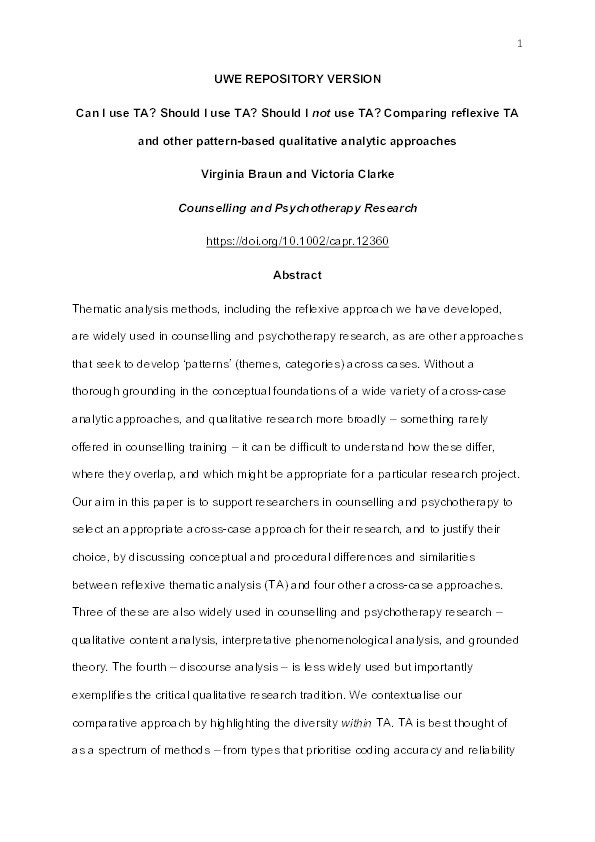 Can I use TA? Should I use TA? Should I not use TA? Comparing reflexive thematic analysis and other pattern‐based qualitative analytic approaches Thumbnail