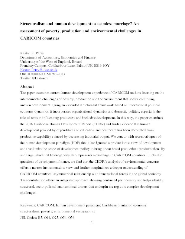 Structuralism and human development: A seamless marriage? An assessment of poverty, production and environmental challenges in CARICOM countries Thumbnail