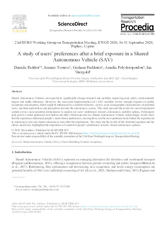 A study of users' preferences after a brief exposure in a Shared Autonomous Vehicle (SAV) Thumbnail