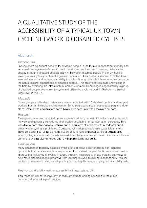 A qualitative study of the accessibility of a typical UK town cycle network to disabled cyclists Thumbnail