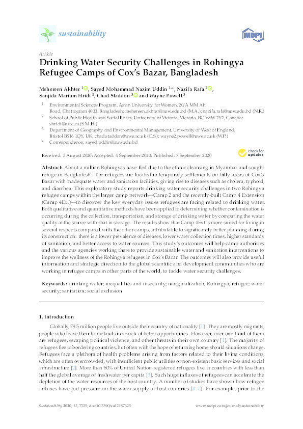 Drinking water security challenges in Rohingya refugee camps of Cox’s Bazar, Bangladesh Thumbnail