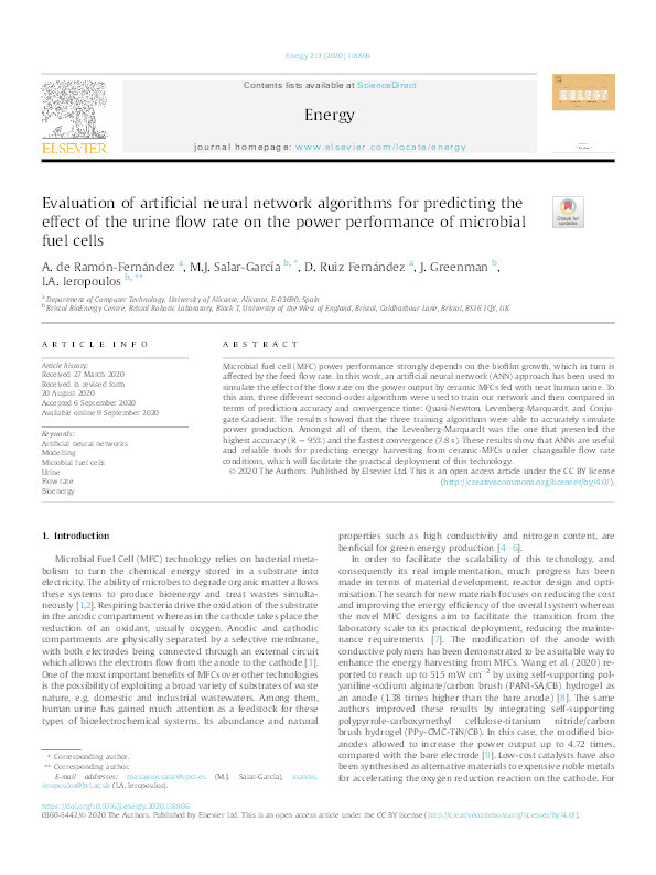 Evaluation of artificial neural network algorithms for predicting the effect of the urine flow rate on the power performance of microbial fuel cells Thumbnail