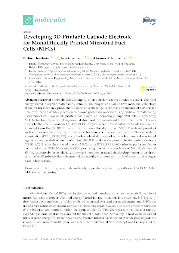 Developing 3D-printable cathode electrode for monolithically printed microbial fuel cells (MFCs) Thumbnail