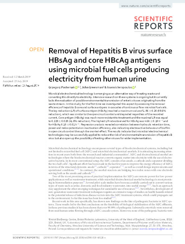 Removal of Hepatitis B virus surface HBsAg and core HBcAg antigens using microbial fuel cells producing electricity from human urine Thumbnail
