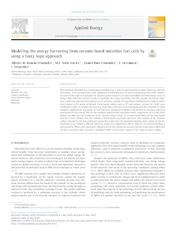 Modelling the energy harvesting from ceramic-based microbial fuel cells by using a fuzzy logic approach Thumbnail