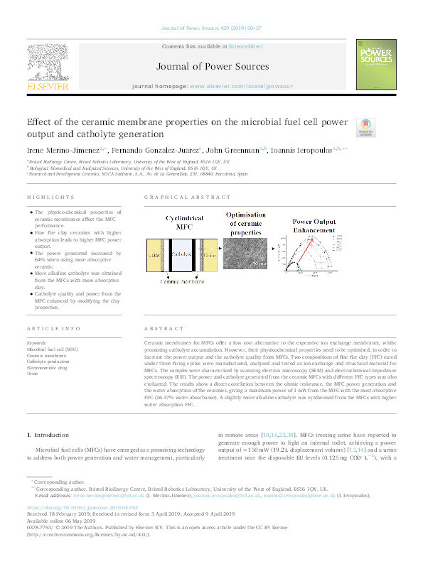 Effect of the ceramic membrane properties on the microbial fuel cell power output and catholyte generation Thumbnail