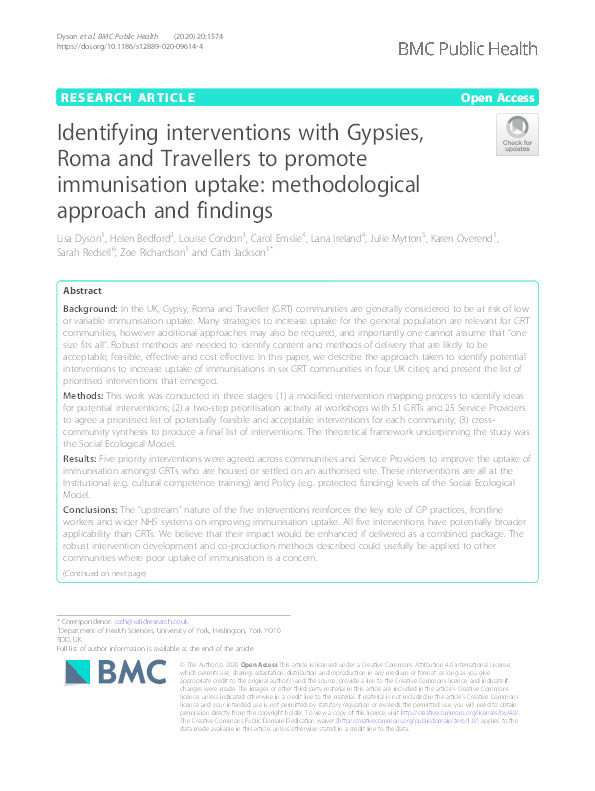 Identifying interventions with Gypsies, Roma and Travellers to promote immunisation uptake: methodological approach and findings Thumbnail