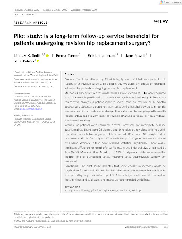 Pilot study: Is a long‐term follow‐up service beneficial for patients undergoing revision hip replacement surgery? Thumbnail