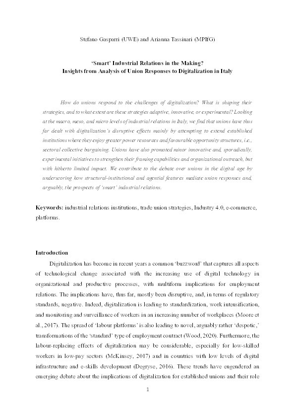 'Smart' industrial relations in the making? Insights from analysis of union responses to digitalization in Italy Thumbnail