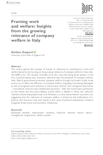 Framing work and welfare: Insights from the growing relevance of company welfare in Italy Thumbnail