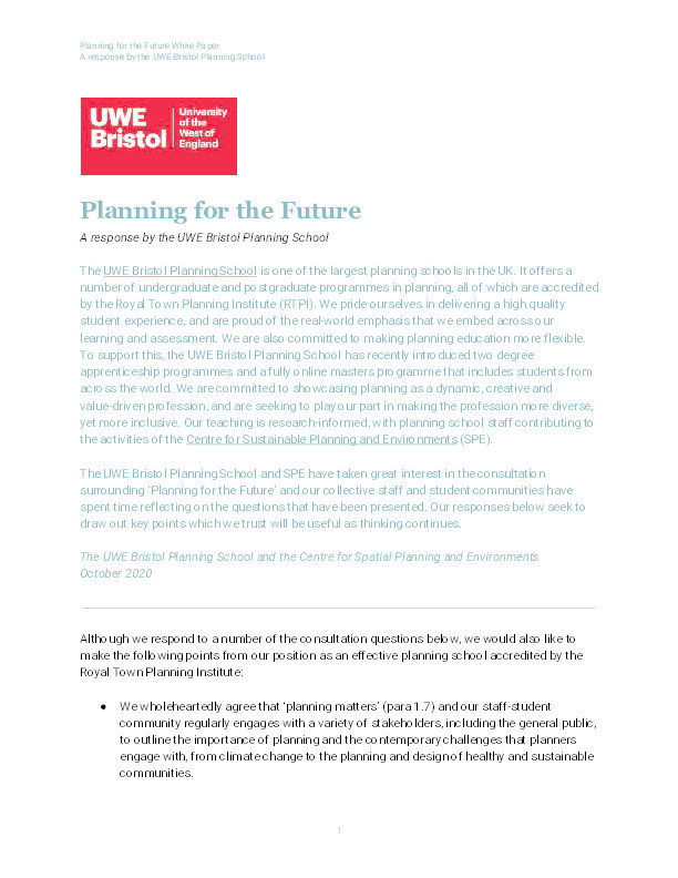 Planning for the future- Response from the UWE Bristol Planning School and Centre for Sustainable Planning and Environments Thumbnail
