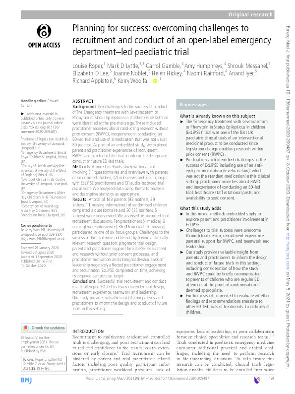 Planning for success: Overcoming challenges to recruitment and conduct of an open-label emergency department-led paediatric trial Thumbnail