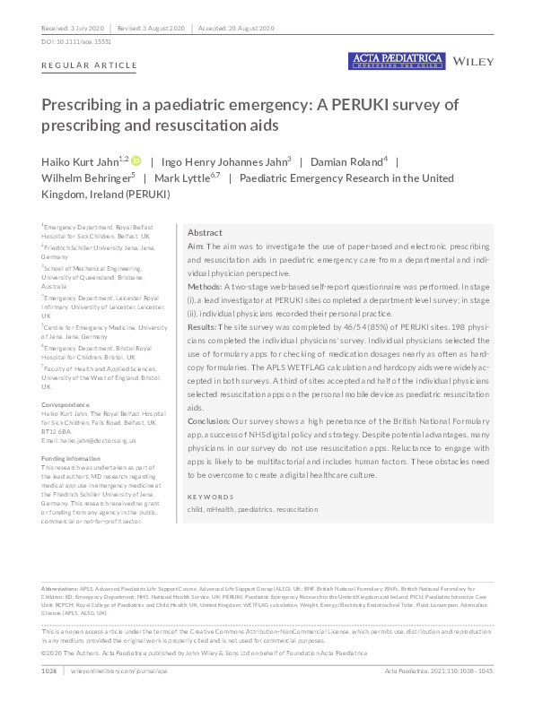 Prescribing in a paediatric emergency: A PERUKI survey of prescribing and resuscitation aids Thumbnail
